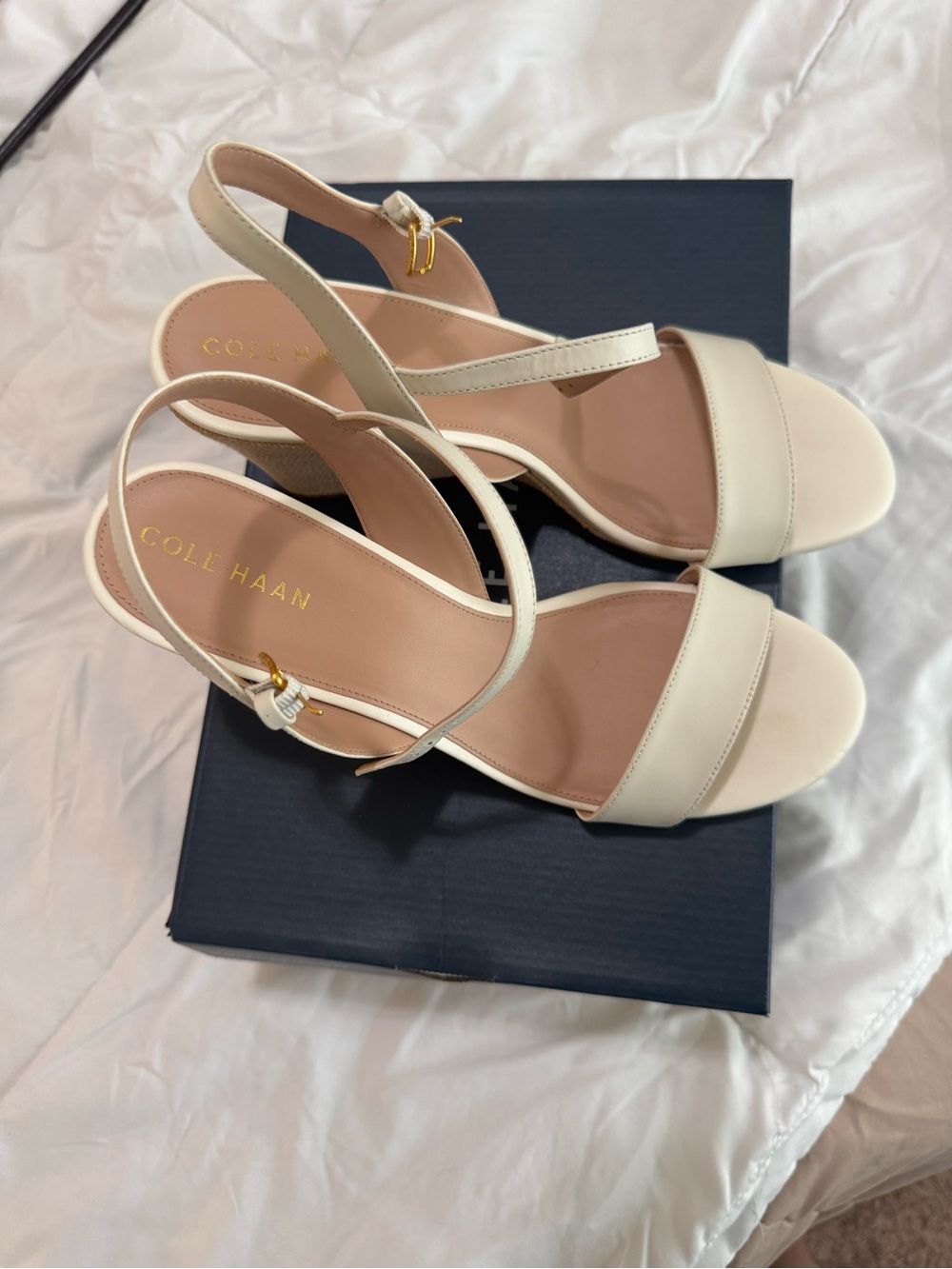 Cole Haan Ivory Leather Slingback Block Heel Sandals